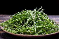 Tasty vegetarian sea food, fresh raw green salicornia or glasswort, pickleweed close up