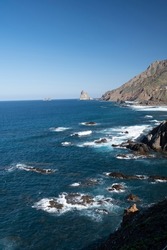 Panoramic view Playa del Roque de las Bodegas and blue Atlantic ocean, Anaga national park near Tanagana village,  North of Tenerife, Canary islands, Spain in winter
