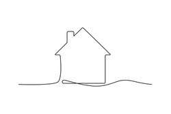 Continuous thin line home vector illustration, minimalist house icon. One line art cottage building