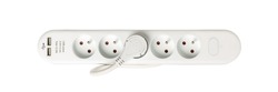 Power strip isolated. Extension cable with usb, electricity strip, home socket, power extender, extension cord on white background top view