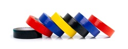 Colorful Electrical Tape Stack Isolated, Plastic Duct Tape Rolls, Colored Adhesive Tapes on White Background