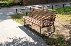 New Modern Bench in Park, Outdoor City Architecture, Wooden Benches, Outdoor Chair, Urban Public Furniture, Empty Plank Seat, Comfortable Bench in Recreation Area
