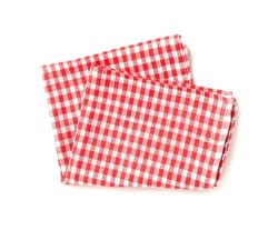 Picnic Table Cloth, Folded Checkered Napkin, Red White Tablecloth, Kitchen Towel with Gingham Pattern, Restaurant Dishcloth, Picnic Table Cloth on White Background
