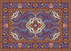 Colorful mosaic oriental rug with floral motifs, central medallion and traditional geometric ornament . Patterned carpet with a border frame. Vector 10 EPS illustration.