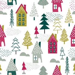 Seamless Christmas house and Christmas tree design vector illustration