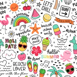 Hand drawn summer elements and quotes seamless pattern background.