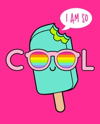 “I AM SO COOL” typography design with popsicle cartoon illustration for greeting card design.