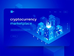 Cryptocurrency and blockchain isometric composition with smart city and abstract infographics. Isometric vector illustration.