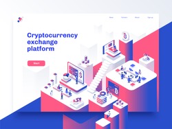 Cryptocurrency and blockchain isometric composition with people, analysts and managers working on crypto start up. Landing page template. Vector isometric illustration.