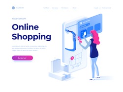 Sale, consumerism and people concept. Young woman shop online using smartphone. Landing page template. 3d vector isometric illustration.