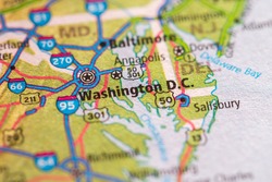 Closeup of Washington DC on a geographical map.