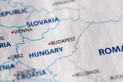Closeup of Budapest, Hungary on a political map of Europe.