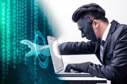 The abstract image of the hacker reach hand through a laptop screen for stealing the data as binary code. the concept of cyber attack, virus, malware, illegally and cyber security.