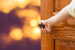 Women hand open door knob or opening the door, grand opening, Close up hand open door.