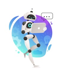 Robot holding tablet on gradient background. Vector illustration, chatbot hotline operator advises client, online global technical support, robot operator. Artificial intelligence consulting people.