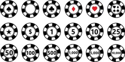 Casino coins chip set on white background. Poker Chips sign. The value 5,10,25,50,100,500,1000. flat style.