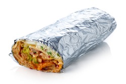 Doner kebab or shawarma wraped in aluminium foil cut isolated on white background