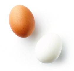 Peeled boiled egg and boiled egg in shell isolated on white background, top view
