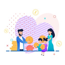 Family Saving Money. Mother, Father, Son and Daughter Putting Gold Coins in Piggy Bank Together. Home Budget Planning. Income and Expenses. Target Money Savings. Vector Cartoon Flat Illustration