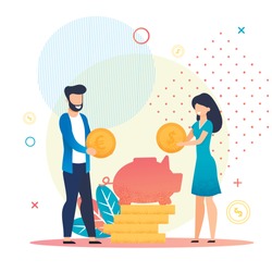Married Couple Save Coins in Piggy Bank Metaphor Cartoon. Family Budget, Home Savings and Investment Money. Future Financial Planning. Safe Economical Fund Deposit Strategy. Vector Flat Illustration