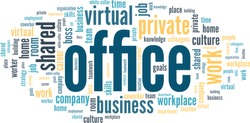 Virtual business office vector illustration word cloud isolated on a white background.