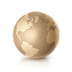 Golden North and South America world map on white background