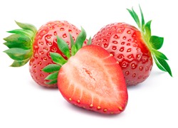 Perfectly retouched strawberry with sliced half and leaves isolated on white background with clipping path. One of the best isolated strawberries you have seen.