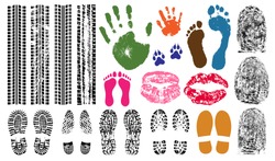 Handprint, footprint, fingerprint, print of the lips, tire tracks. Imprint set collection evidence. Vector illustration
