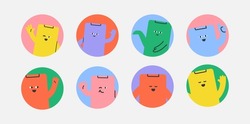 Cute avatars in circle. Phone character in round frame bundle. Abstract shapes for profile picture in trendy cartoon style. Colourful flat icons. Isolated vector background 