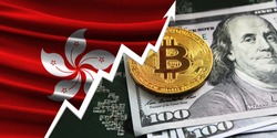 flag of Hong Kong and bitcoin coins