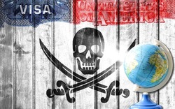 United States of America visa document, flag of Jolly Roger Pirates white and globe in the background. The concept of travel to the United States and illegal migration
