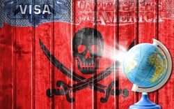 United States of America visa document, flag of Jolly Roger Pirates red and globe in the background. The concept of travel to the United States and illegal migration