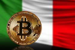 gold coin bitcoin on a background of a flag Italy