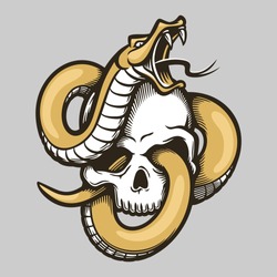 Golden snake entwined with human skull template in vintage style isolated vector illustration