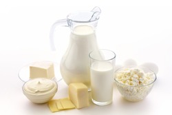 Milk, cottage cheese, sour cream, cheese, butter, eggs, still life from healthy dairy products. Dairy nutrition is good for children's health. Homemade milk and what can be made from milk.