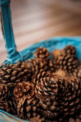 beautiful blue basket with pine cones on wooden table, very decorative and used in autumn, winter and Christmas