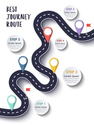 Best Journey Route. Road trip. Business and Journey Infographic Design Template with flags and place for your data. Winding road on a colorful background. Stylish streamers. Vector EPS 10