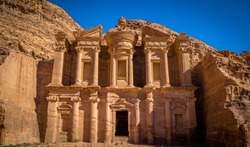Full frontal shot of the impressive Monastery (Ad Deir) in the famous old Nabatean capital city of Petra in today's Jordan.