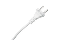 Electric plug on white background. Electric European plug isolated on white background. White power cable with plug. Power cord close-up