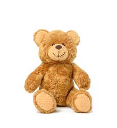 brown teddy bear sits on a white background, toy