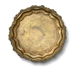 empty copper round vintage plate isolated on white background, fruit dish. View from above