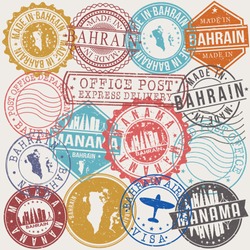Manama Bahrain Set of Stamps. Travel Stamp. Made In Product. Design Seals Old Style Insignia.