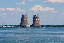 Cooling towers of Zaporizhzhia Nuclear Power Station near city Enerhodar, Ukraine