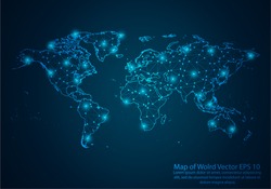 Abstract mash line and point scales on dark background with map of world. 3D mesh polygonal network line, design sphere, dot and structure. Vector illustration eps 10.