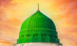The famous green dome of the Prophet's Mosque. Masjid al-Nabawi. The foundation of the mosque was laid by Prophet Muhammad.