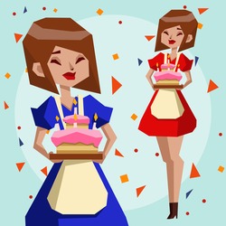 Cute girl with birthday cake on a gentle blue background. Birthday party. Polygon style vector illustration.