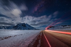 Milkyway long exposure night shooting with light trail in Iceland 