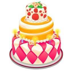 Bright birthday cake covered with frosting and edible flowers. Sketch for greeting cards, festive posters or party invitations. Pastry isolated on a white background. Vector.