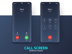 Call screen smartphone interface vector template, Mobile app page dark mode design layout, Flat UI for application