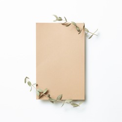 Kraft brown memo pad, empty paper with eucalyptus leaves on white background. top view, copy space